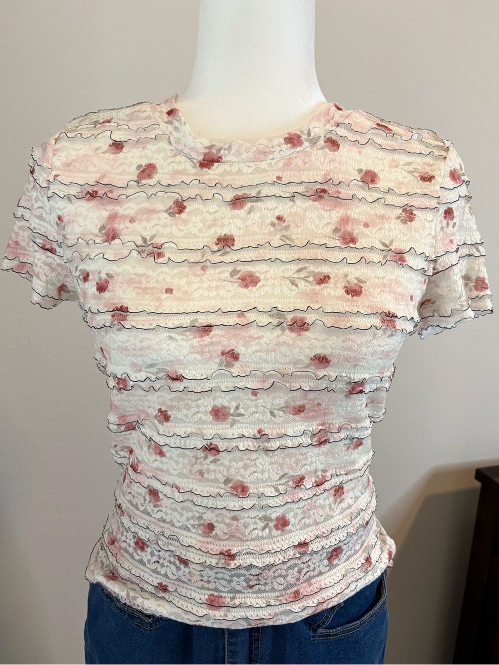 Floral Lace Mesh Top NWT Juniors L Pink Rose Ruffle Coquette Baby Tee